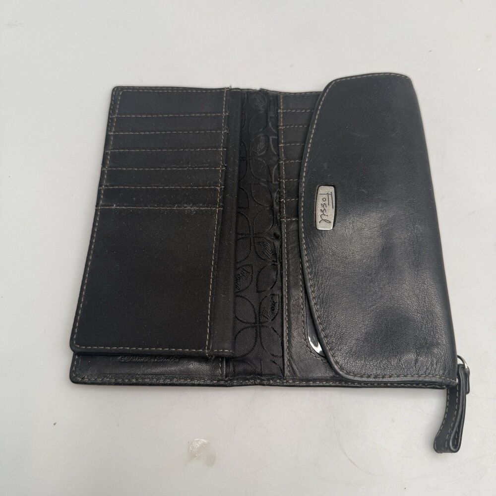 Fossil Black Leather Long Checkbook Card Holder Organizer Wallet Billfold - Picture 9 of 16